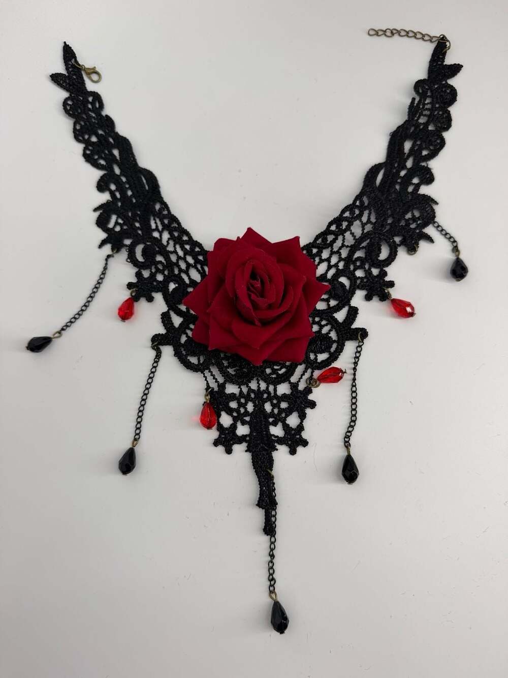 Gothic Black Lace Red Rose Choker Necklace Victorian Vampire Statement Jewelry